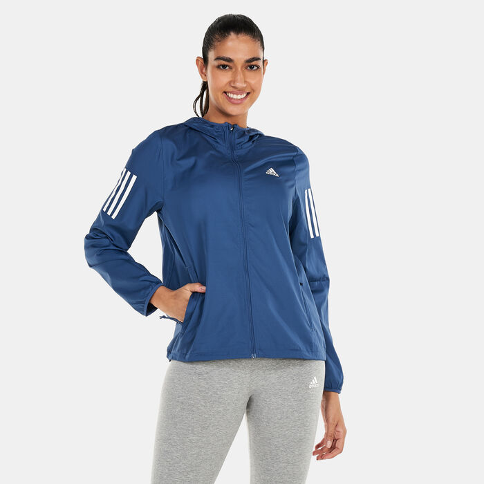 adidas Women's Own the Run Hooded Running Windbreaker Jacket Blue image number 0